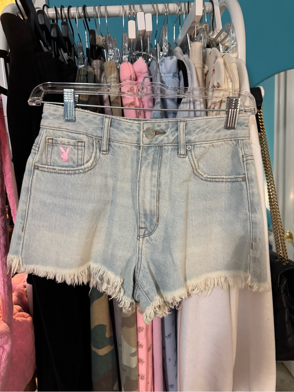 PLAYBOY Light Wash Denim High Waist Frayed Shorts with Pink Bunny